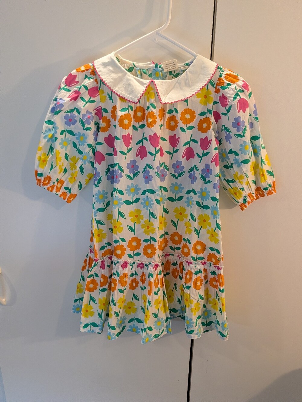 Little Bird Girls Floral Puff-Sleeve Dress with Peter Pan Collar - White/Multi